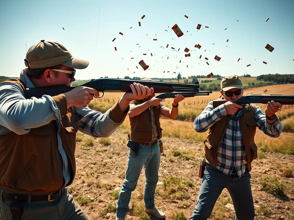 A dynamic image capturing a ball-trap shooting event in action, with clay targets being launched and shooters in various stances aiming their shotguns, set against a backdrop of a rural French landscape.
