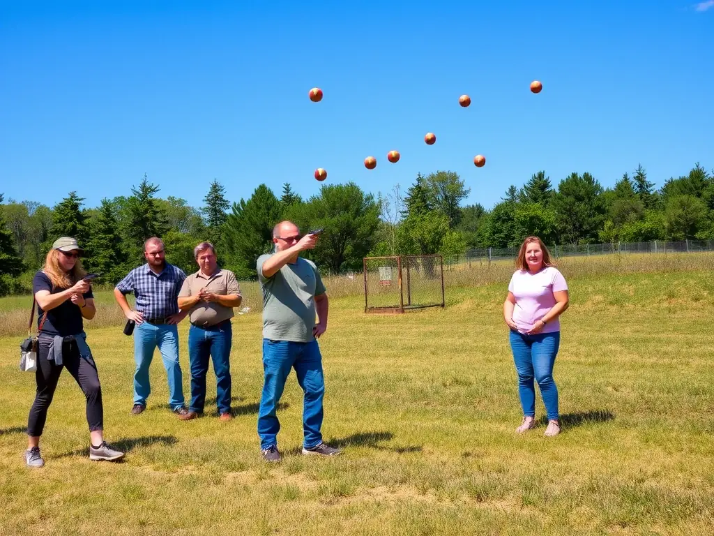 A group of participants at an ATSK community ball-trap event, showcasing responsible shooting practices and community engagement in a rural setting.