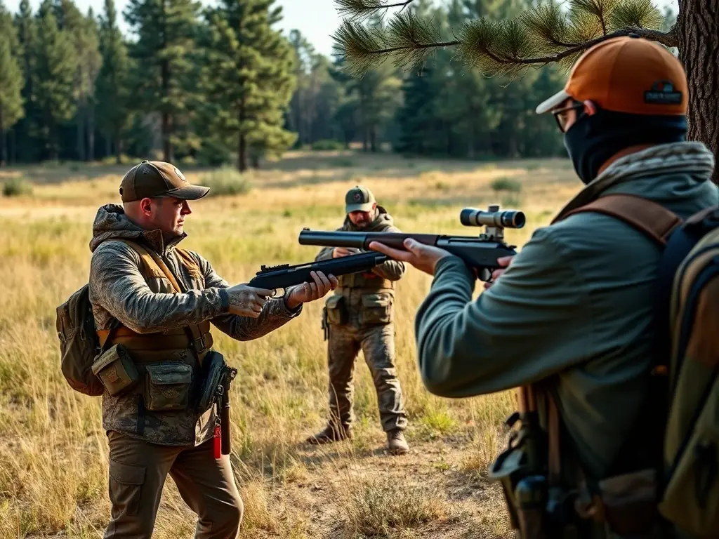 A photograph of a group of hunters participating in a shooting activity in a controlled environment, emphasizing safety and responsible gun handling.