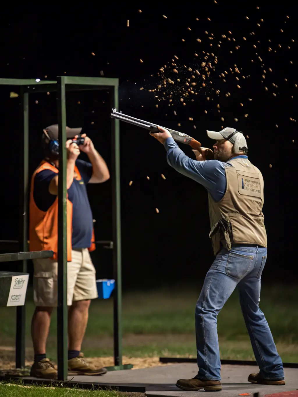 A close-up shot of a clay target being shattered during an ATSK ball-trap event, symbolizing the precision and skill involved in the sport.