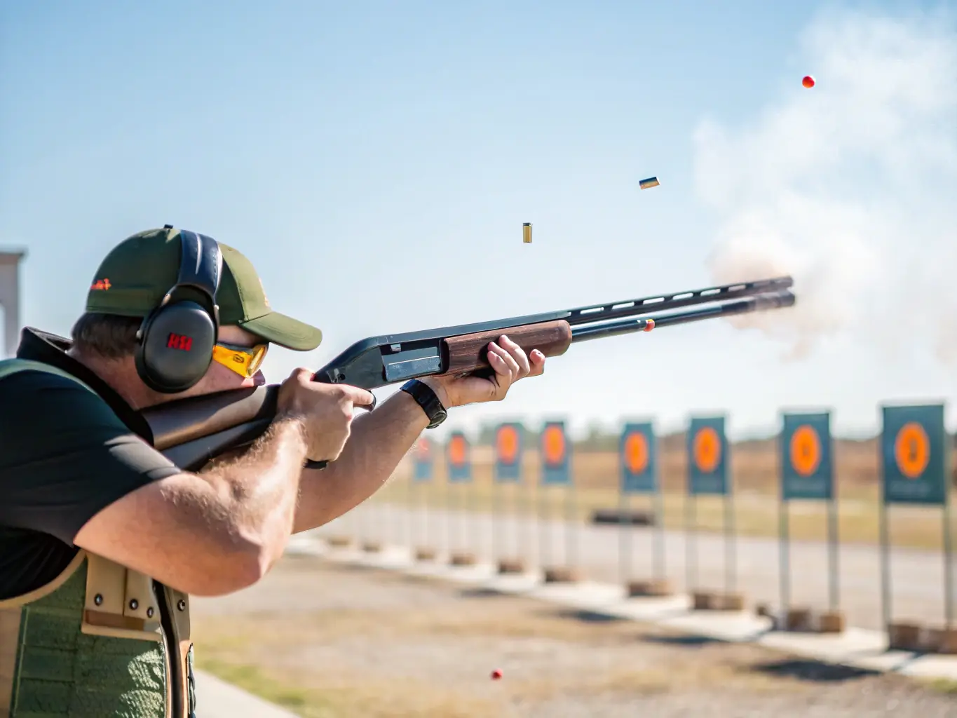 A close-up shot of a person loading a shotgun with shells, highlighting the precision and focus required in shooting sports.